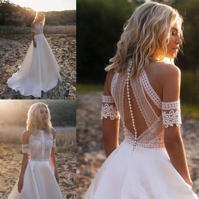 Sexy Lace Appliques High Neck Country Wedding Dresses, Beach Bridal Dresses SJS15528