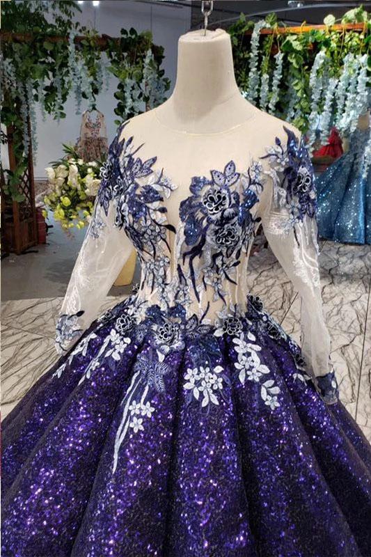 Ball Gown Ombre Sparkly Long Sleeve Sequins Prom Dresses, Quinceanera Dresses SRS15066