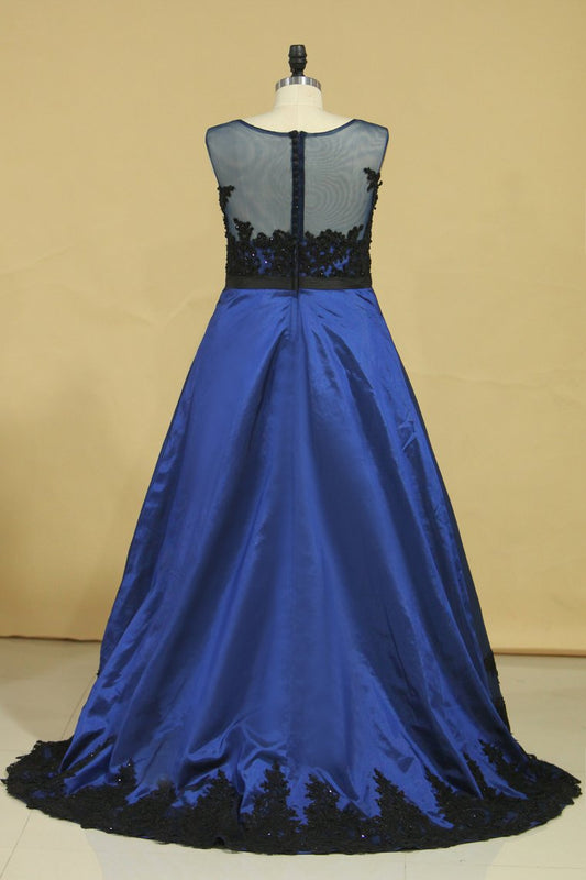 2024 Plus Size Asymmetrical Bateau Prom Dresses Taffeta With Applique And Sash Sweep Train Dark Royal Blue