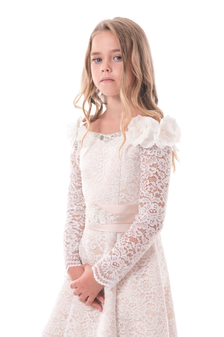 Lace Flower Girl Dresses A Line Boat Neck Long Sleeves With Beads