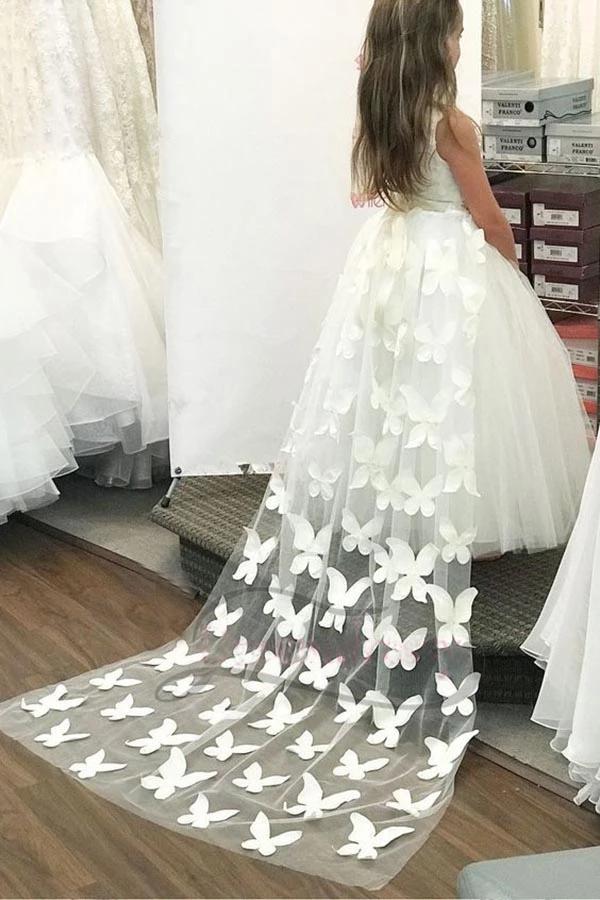 Princess A-line Ivory Long Flower Girl Dress with Flowers Train, Unique Baby Dresses SJS15288