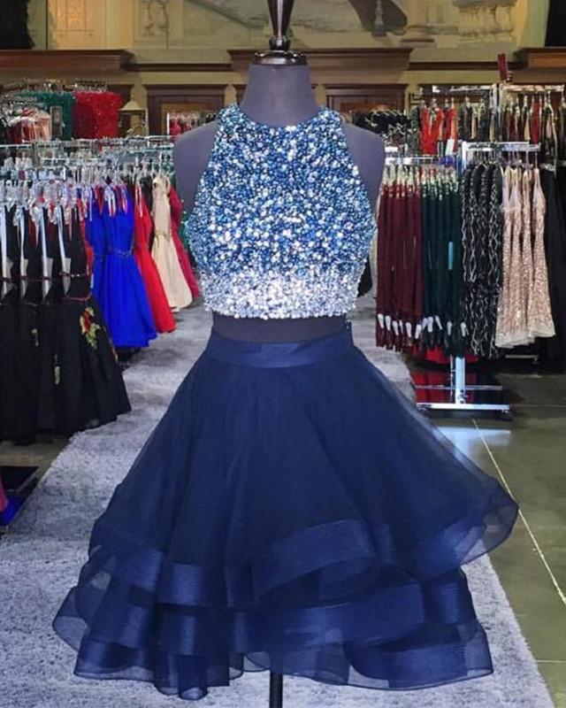 Two Piece Ruffles Ball Gown Homecoming Dresses With Ombre Sequins And Beaded