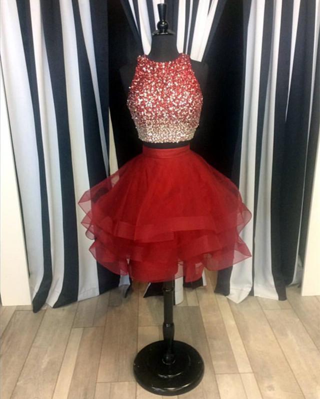 Two Piece Ruffles Ball Gown Homecoming Dresses With Ombre Sequins And Beaded