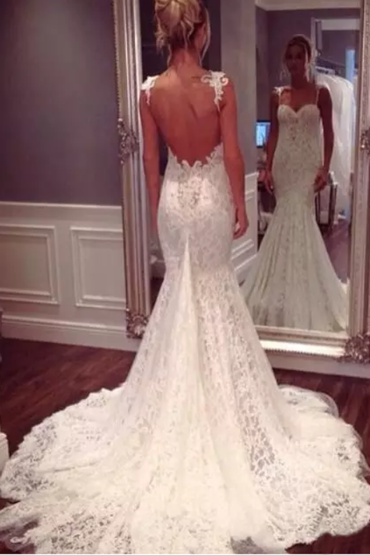 2024 Spaghetti Straps Open Back Wedding Dresses Mermaid Lace With Applique