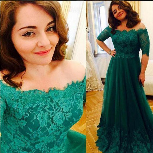 Princess Green Lace Short Sleeve A Line Tulle Vintage Plus Size Evening Formal Dresses