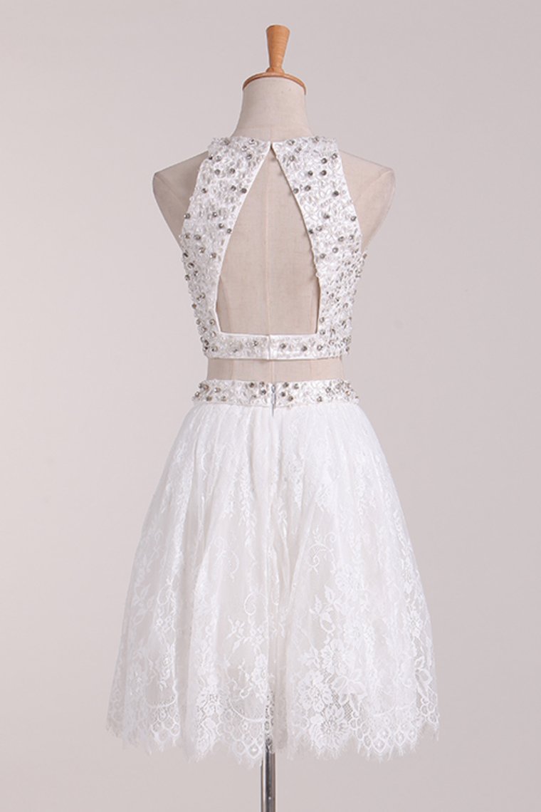 2024 White Homecoming Dresses Scoop Lace Two Pieces