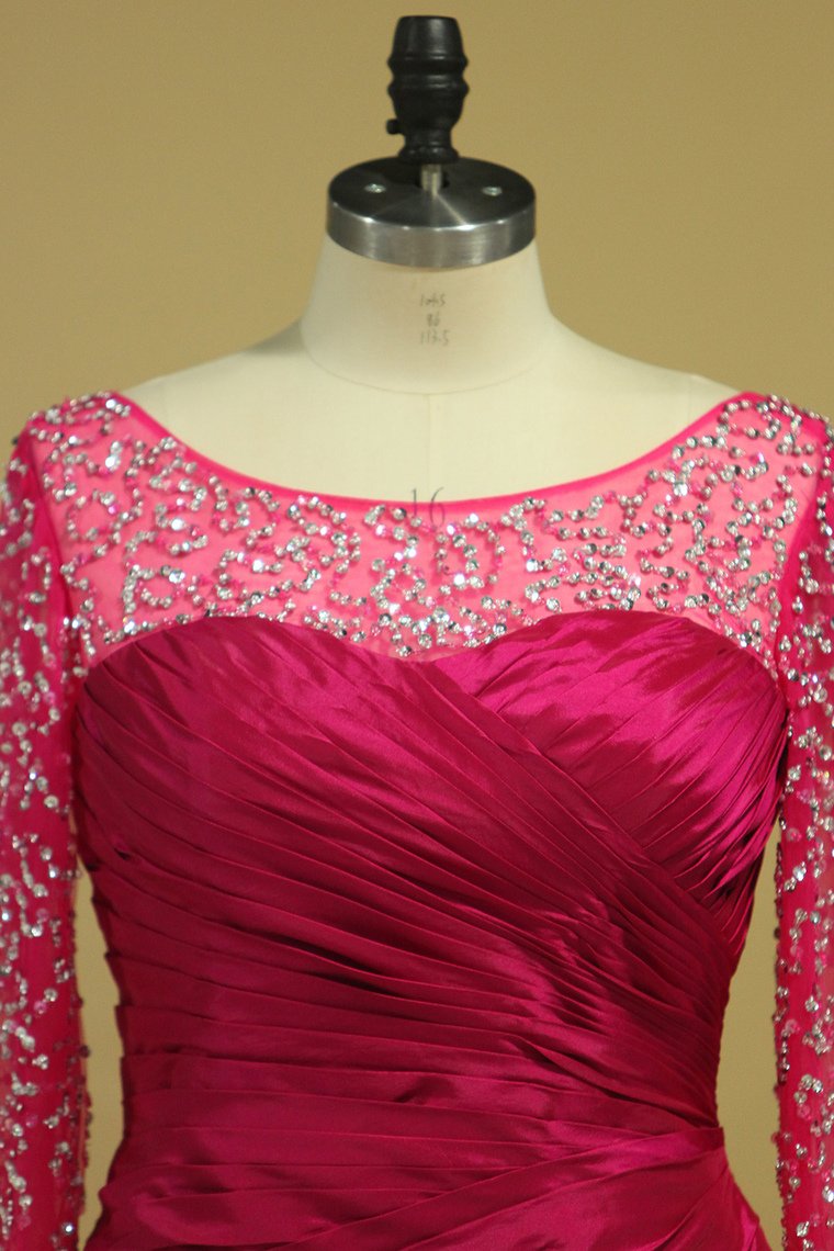 Plus Size Scoop Mother Of The Bride Dresses Long Sleeves Taffeta With Beads And Ruffles Fuchsia