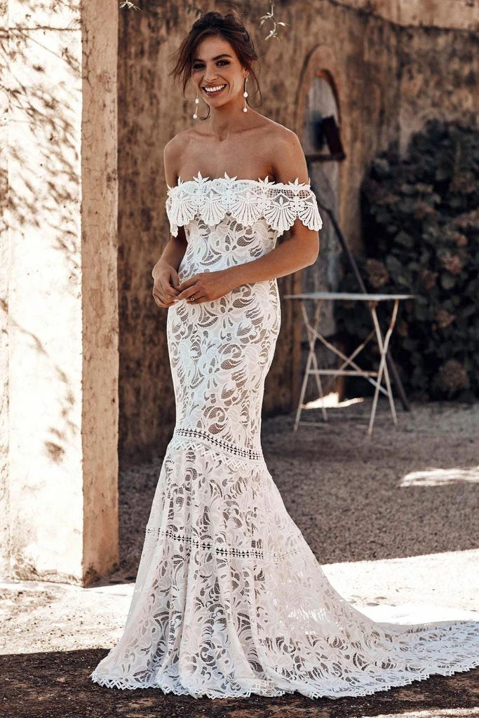 Elegant Off the Shoulder Ivory Lace Mermaid Beach Wedding Dress, Cheap Bridal Dress SJS15188