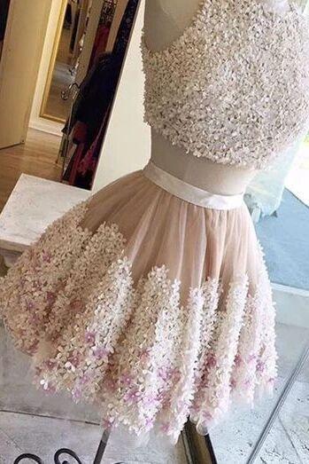 Cute Tull Flower Lace Appliques Short Prom Dress,Two Pieces Homecoming Dresses