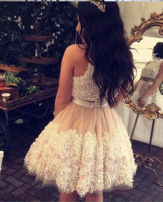 Cute Tull Flower Lace Appliques Short Prom Dress,Two Pieces Homecoming Dresses