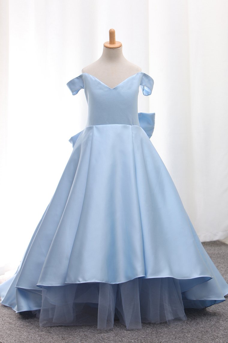 Satin A Line Off The Shoulder Asymmetrical Flower Girl Dresses With Bow Knot