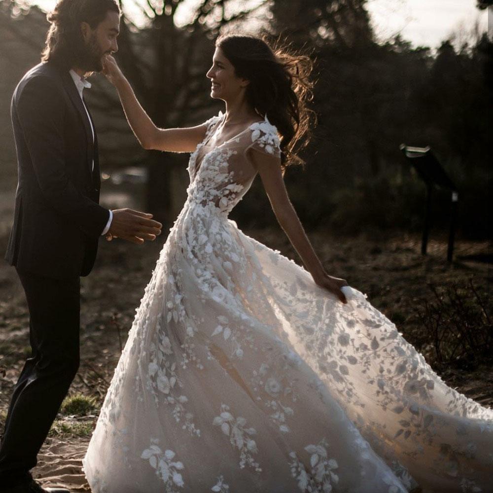 A Line Ivory V Neck Country Wedding Dresses with Appliques, Beach Wedding Gowns SRS15548