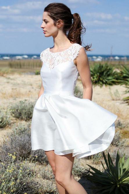 A Line Round Neck Open Back Short Beach Wedding Dress with Lace Pockets SJS15018