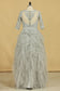 2024 Plus Size Silver Scoop Half Sleeve A Line Mother Of The Bride Dresses With Applique Tulle