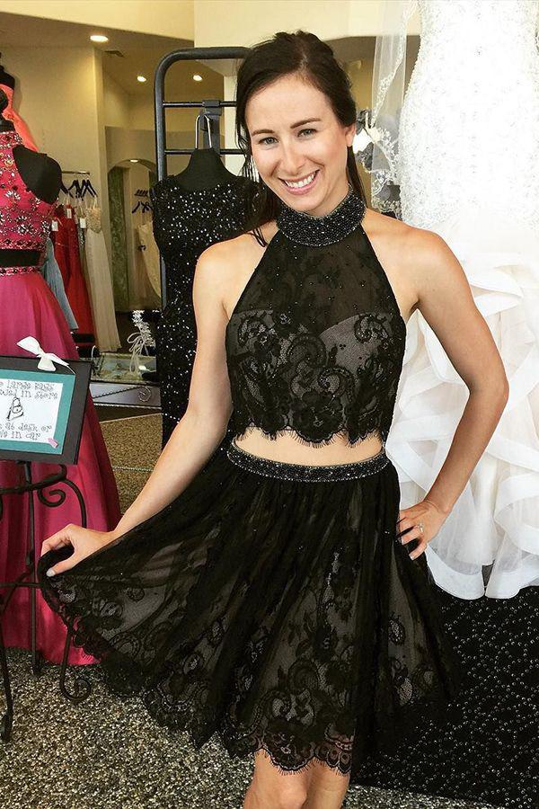 Homecoming Dresses Carly Lace Two Piece High Neck Beading Black 2024