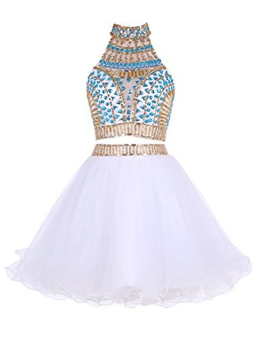 Two Piece High Neck White Tulle Short 2024 With Mallory Homecoming Dresses Beading Rhinestone