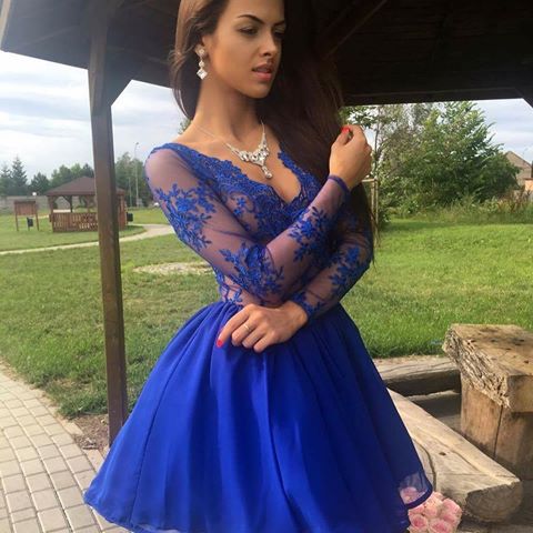 A-Line V-Neck Long Sleeves Appliques Natalya Royal Blue Homecoming Dresses Short 2024