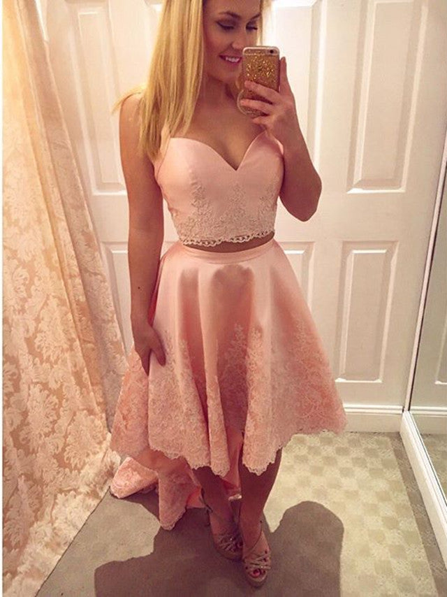 Two Piece Straps High Satin Toni Lace Pink Homecoming Dresses Low 2024 With