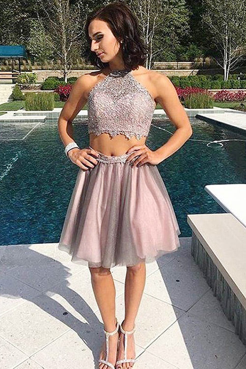 Two Piece Jewel Nicola Homecoming Dresses Open Back Short Blush Tulle Dresses Prom