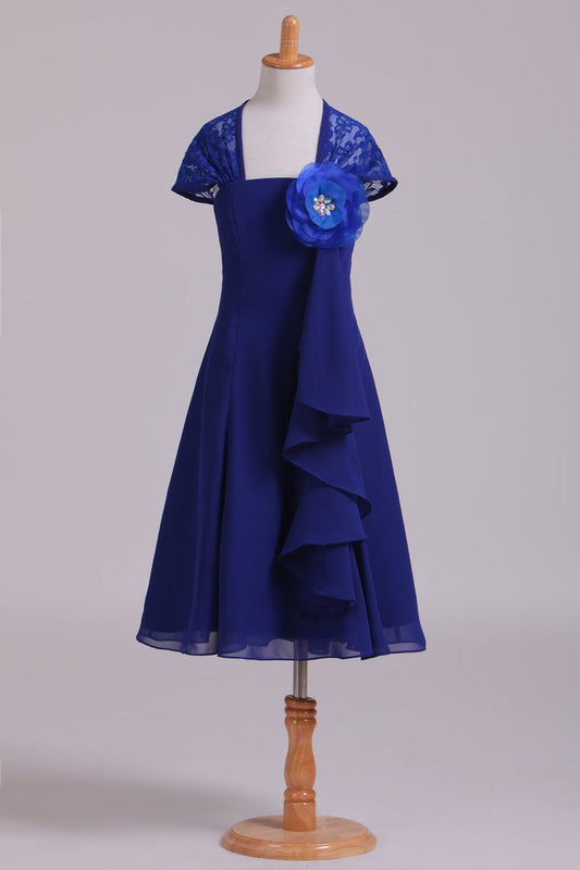 Eyelid Lace Back Flower Girl Dress A Line Chiffon & Lace With Flower Dark Royal Blue