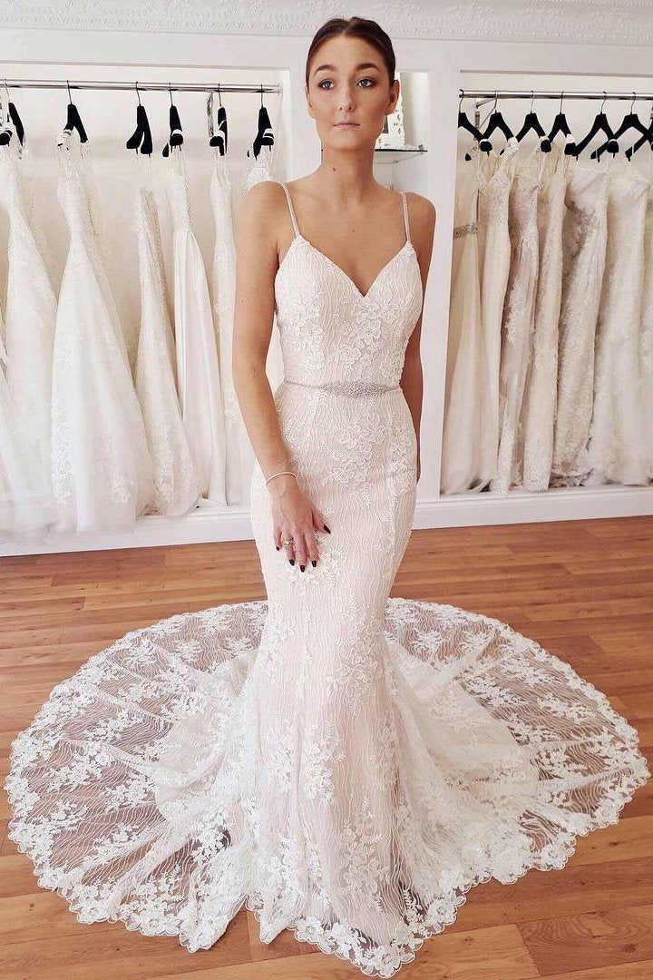 Elegant Spaghetti Straps Mermaid V Neck Lace Wedding Dresses Beach Bridal Dresses SJS15202