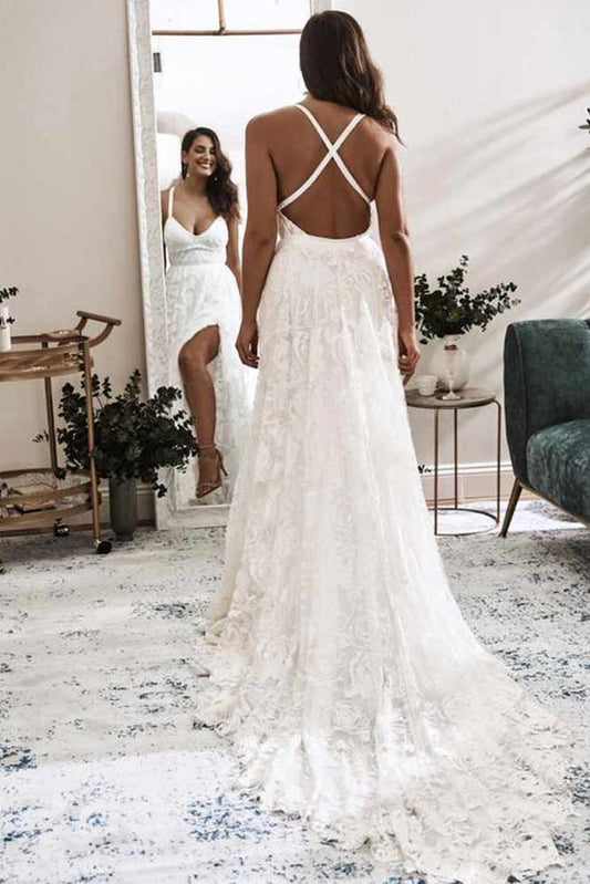 Elegant A Line V Neck Lace Ivory Beach Wedding Dresses with Slit, Bridal Gowns SRS15579