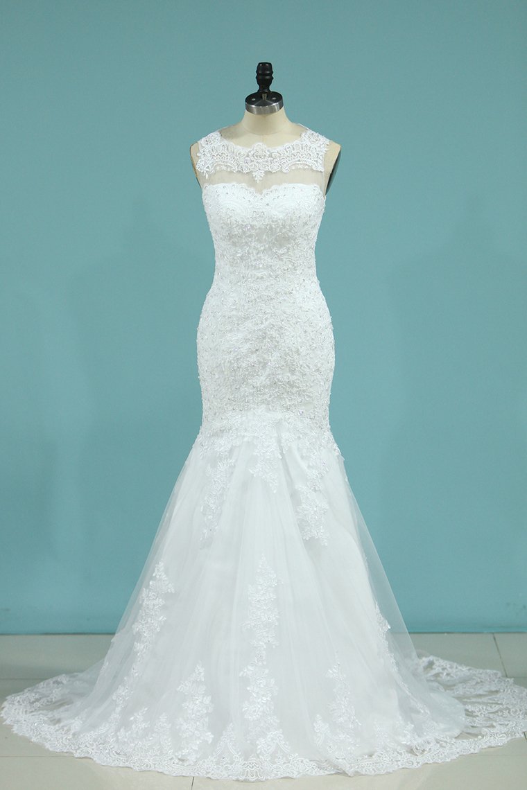 2024 Wedding Dresses Mermaid Scoop Sweep Train Tulle With Applique