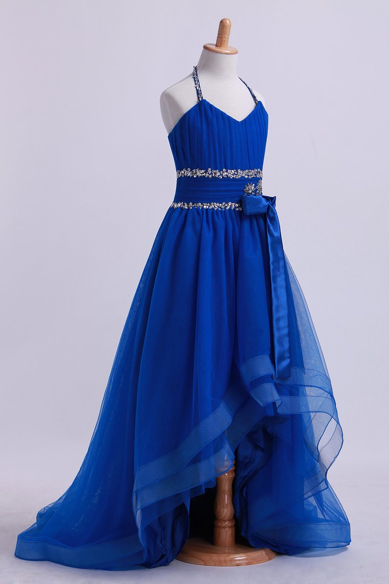 Dark Royal Blue Halter A Line High Low Flower Girl Dresses Beaded Tulle