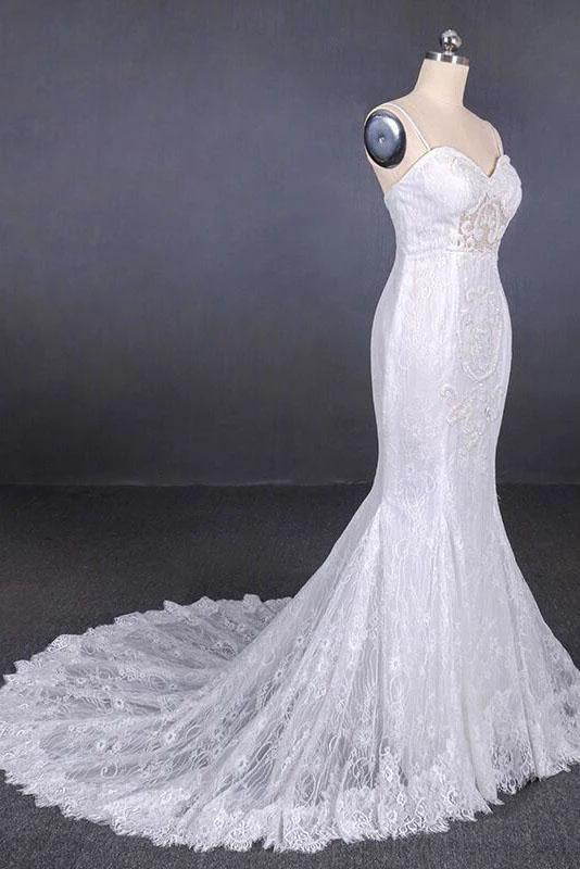 Charming Mermaid Spaghetti Straps Ivory Sweetheart Wedding Dresses with Applique SRS15109