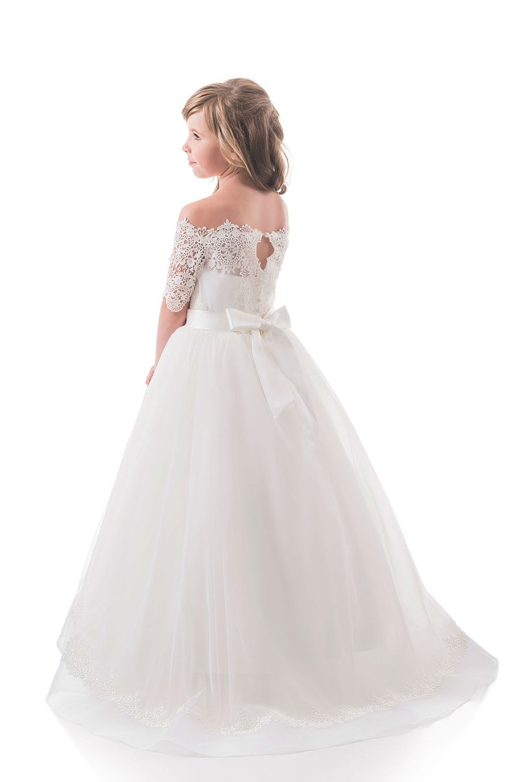 Boat Neck Mid-Length Sleeves A Line Tulle With Applique Flower Girl Dresses