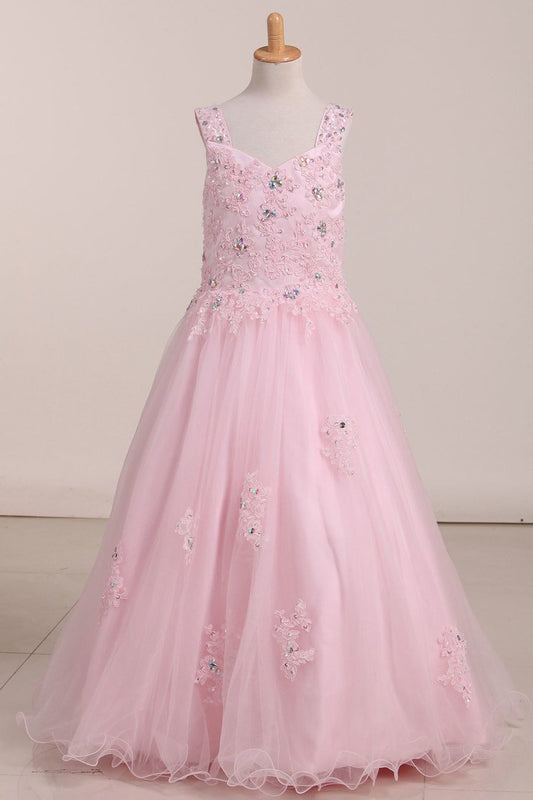 2024 Flower Girl Dresses Tulle Straps With Beads And Applique Floor Length