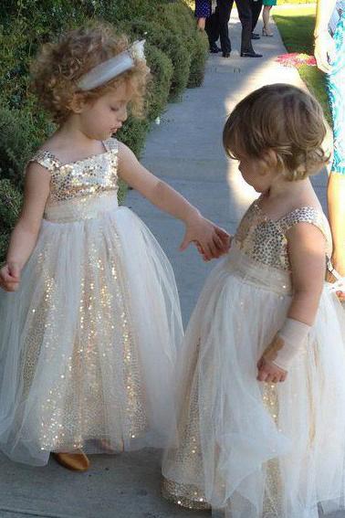 Cute Glitter A Line Gold Sequins Tulle Flower Girl Dresses, Little Girl Dresses SJS15573