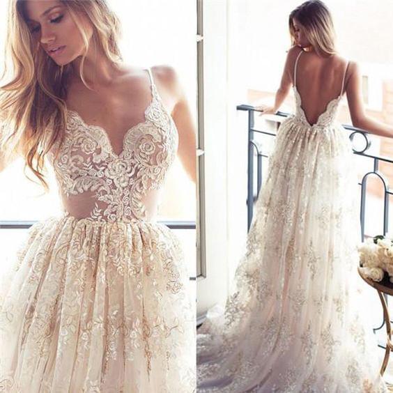 Lace A Line Sexy Spaghetti Straps Backless Beach Vintage Illusion Wedding Dresses UK JS349