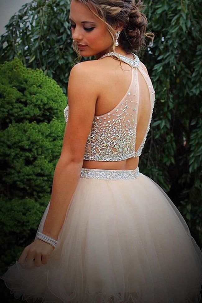 Elegant Homecoming Dresses With Beading,Two Piece Tulle Prom Dress