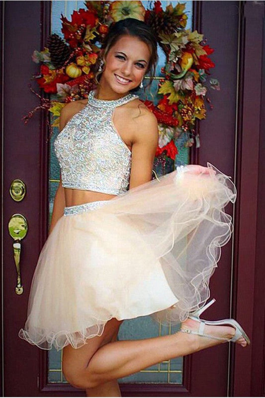 Elegant Homecoming Dresses With Beading,Two Piece Tulle Prom Dress