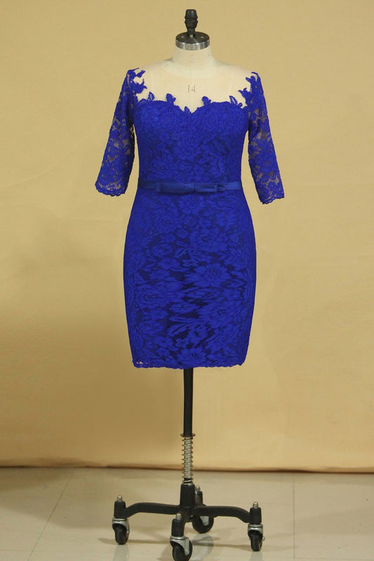 2024 Plus Size Scoop Sheath Half Sleeve With Sash Dark Royal Blue Lace Mother Of The Bride Dresses