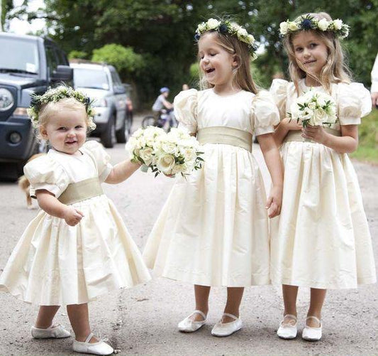 Vintage Juliet Sleeves Tea Length Round Neck Satin Flower Girl Dresses, Little Dresses SRS15606