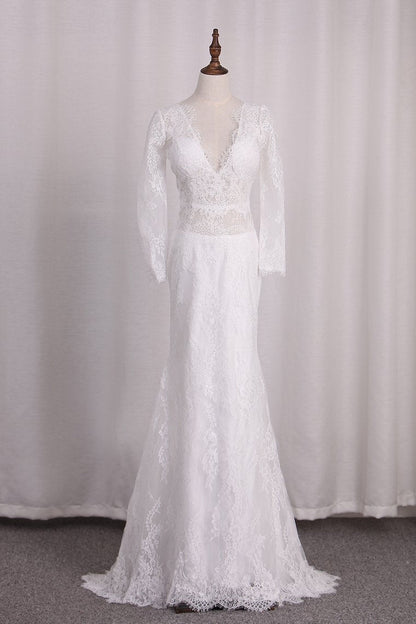 2024 V Neck Long Sleeves Lace Mermaid Wedding Dresses Open Back Sweep Train