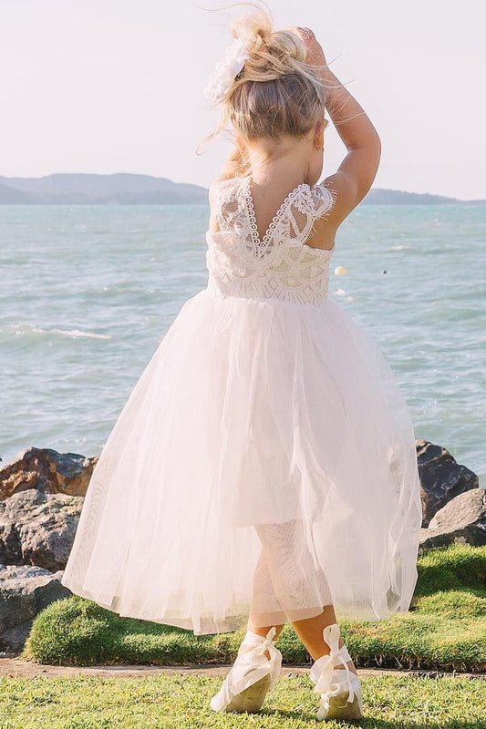 Cap Sleeves Lace Top Tulle Skirt Flower Girl Dresses, Beach Cute Little Girl Dresses SRS15567