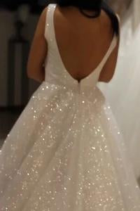 Shiny Ivory Sequins V Neck Backless Straps Wedding Dresses, Beach Bridal Dresses SRS15375