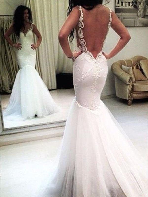 Elegant Mermaid White V Neck Appliques Wedding Dresses, Tulle Beach Wedding Gowns SJS15183