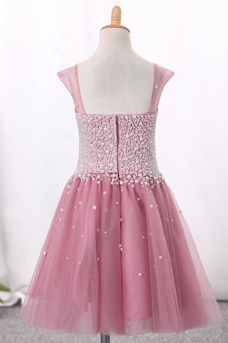 Straps Flower Girl Dresses A Line Tulle With Pearls