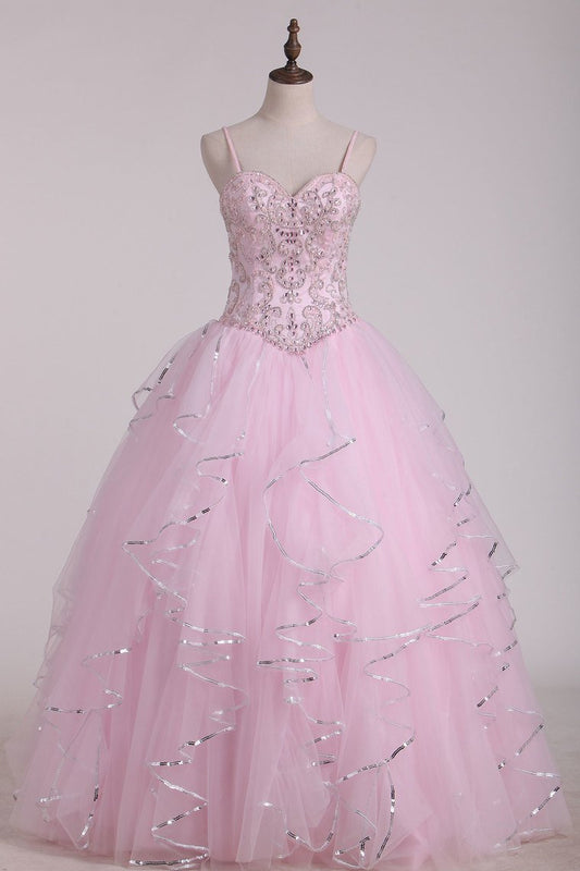 2024 Spaghetti Strap Beaded Bodice Quinceanera Dresses Sweep Train Tulle