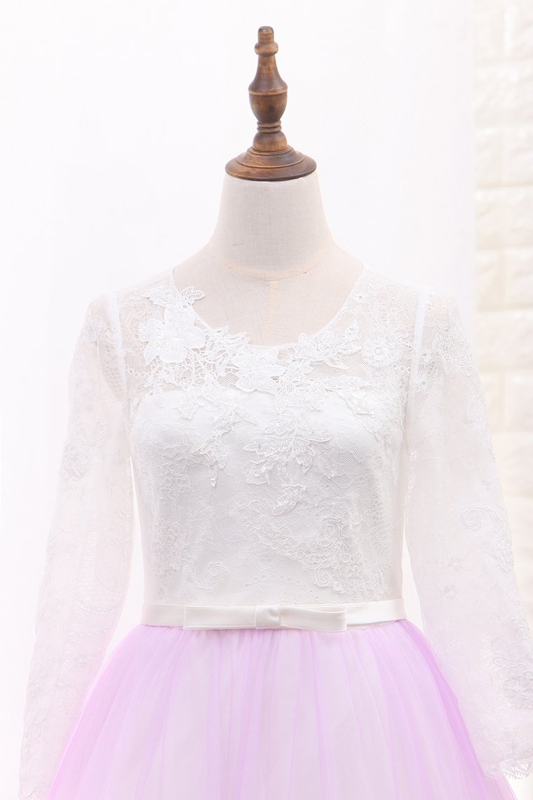 A Line Long Sleeves Tulle Scoop Flower Girl Dresses With Applique And Sash