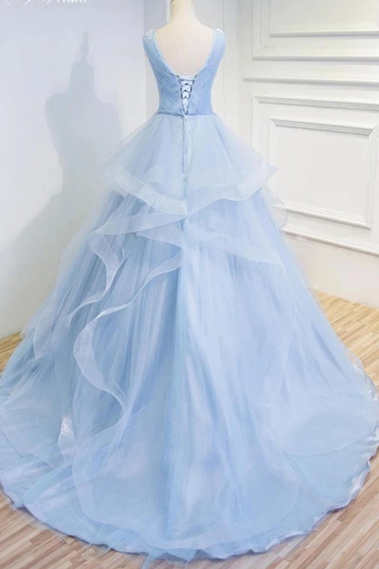 Puffy V Neck Sleeveless Tulle Prom Dress With Appliques Quinceanera SRSP4EM4EZY