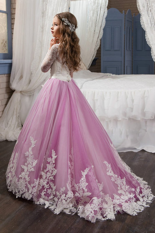 Scoop Flower Girl Dresses Long Sleeves Tulle With Applique And Sash A Line