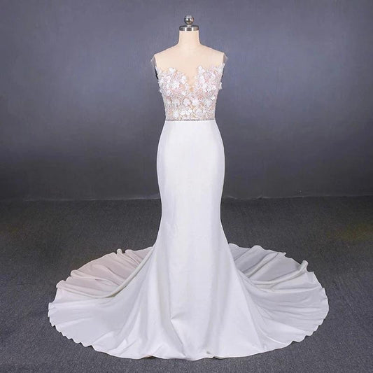 Mermaid Sheer Neck Mermaid Long Wedding Dress with Appliques, Wedding Gowns SRS15265