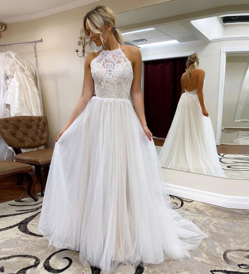 A Line Halter Tulle Wedding Dress with Top Lace, Backless Beach Wedding Dresses SJS15547