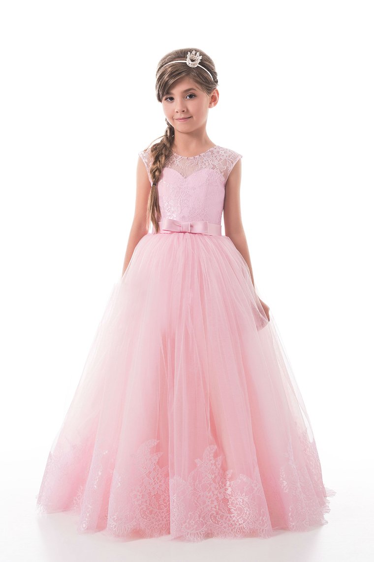 Scoop With Applique And Sash Tulle A Line Floor Length Flower Girl Dresses