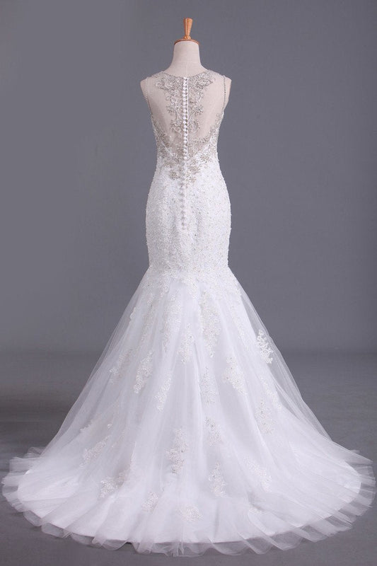 2024 Scoop Wedding Dresses Mermaid/Trumpet Sweep Train Tulle With Applique And Beads